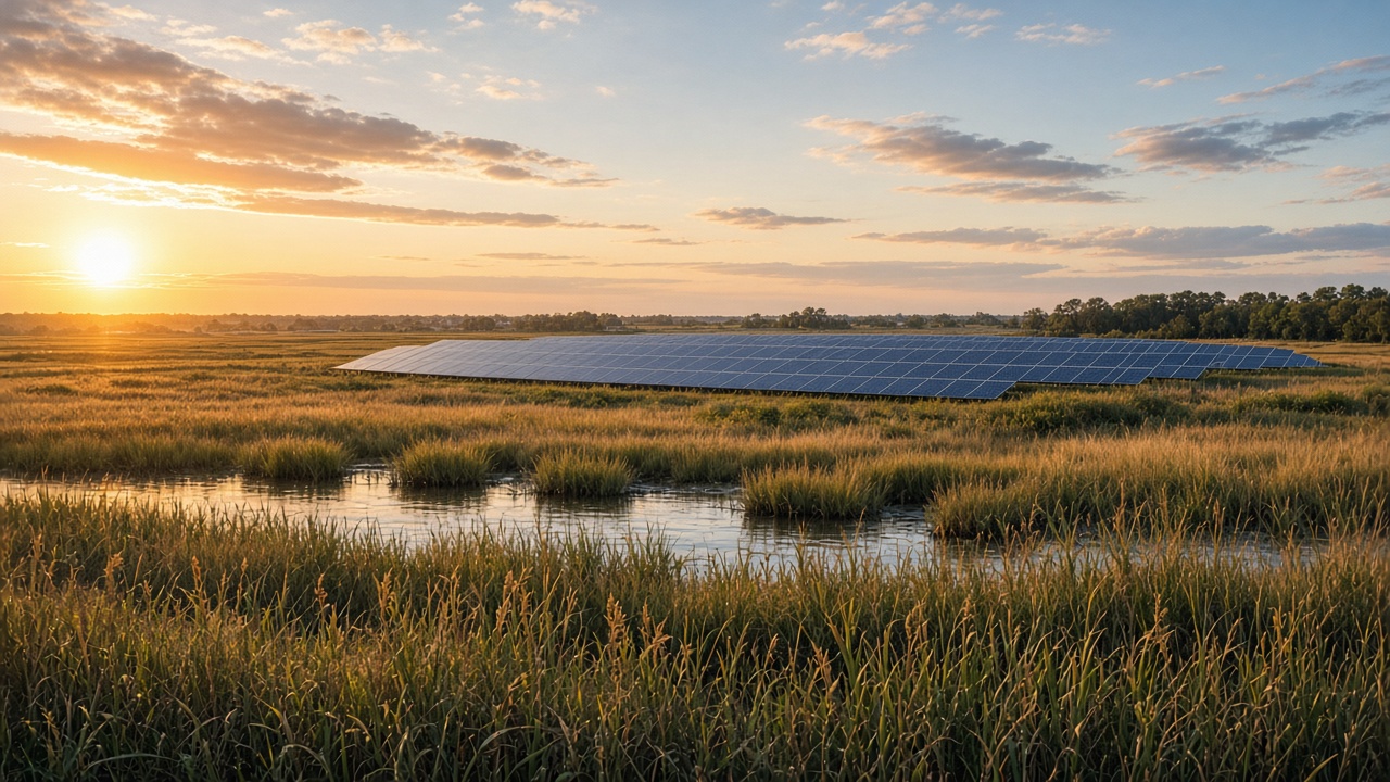 Community solar farm near marsh grasses on Maryland’s Eastern Shore at golden hour