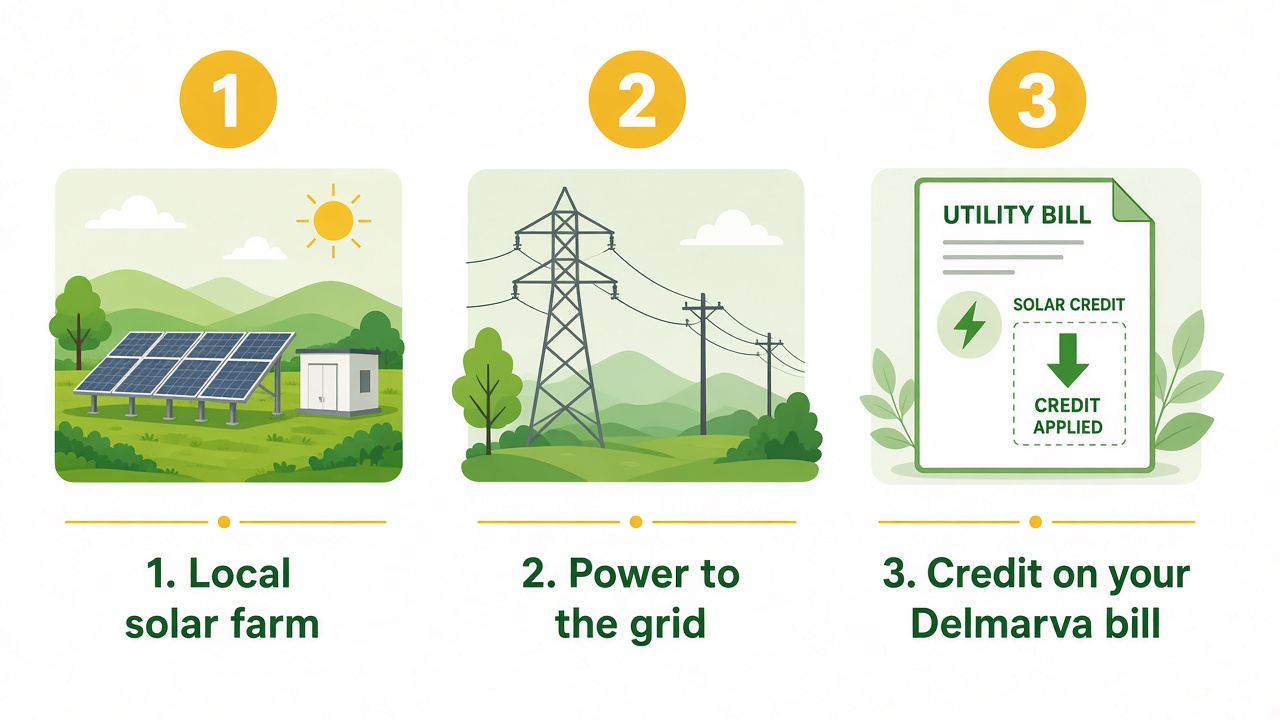 Infographic showing community solar in three steps: local solar farm, power to the grid, credit on your Delmarva bill