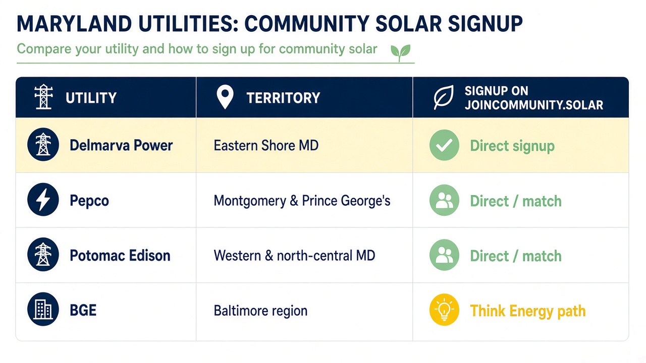 Table comparing Delmarva Power, Pepco, Potomac Edison, and BGE community solar signup paths on JoinCommunity.Solar