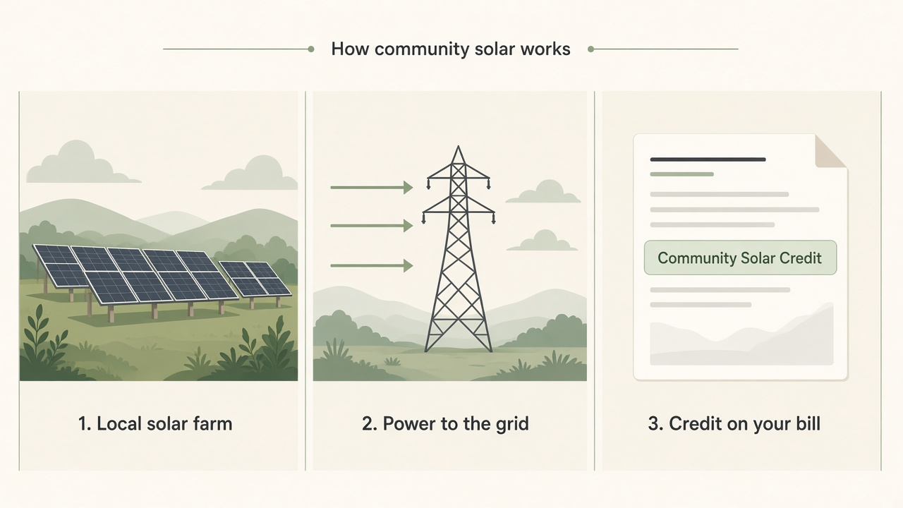 Three-panel diagram: local solar farm, power to the grid, then a community solar credit line on a generic electric bill