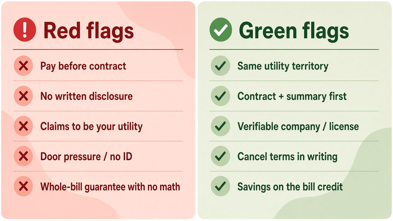 Side-by-side red flags and green flags checklists for spotting pressure tactics versus legitimate community solar offers