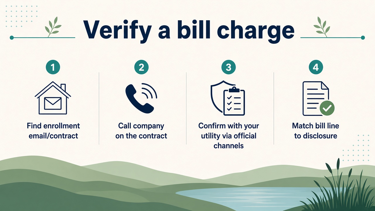 Four steps to verify an unfamiliar community solar bill charge: find the contract, call the company on it, confirm with your utility through official channels, match the bill charge to the disclosure