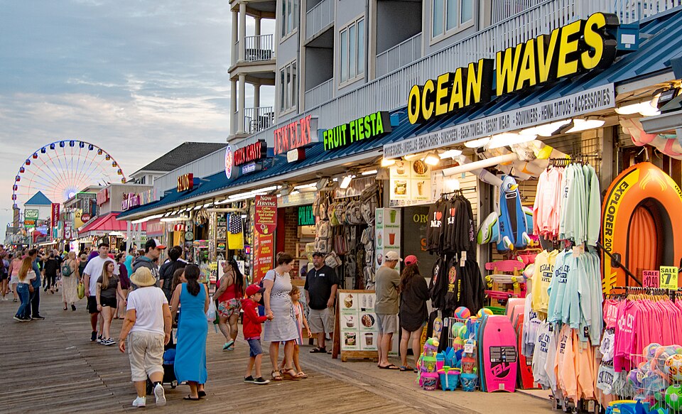 The boardwalk at Ocean City, Maryland on a summer evening