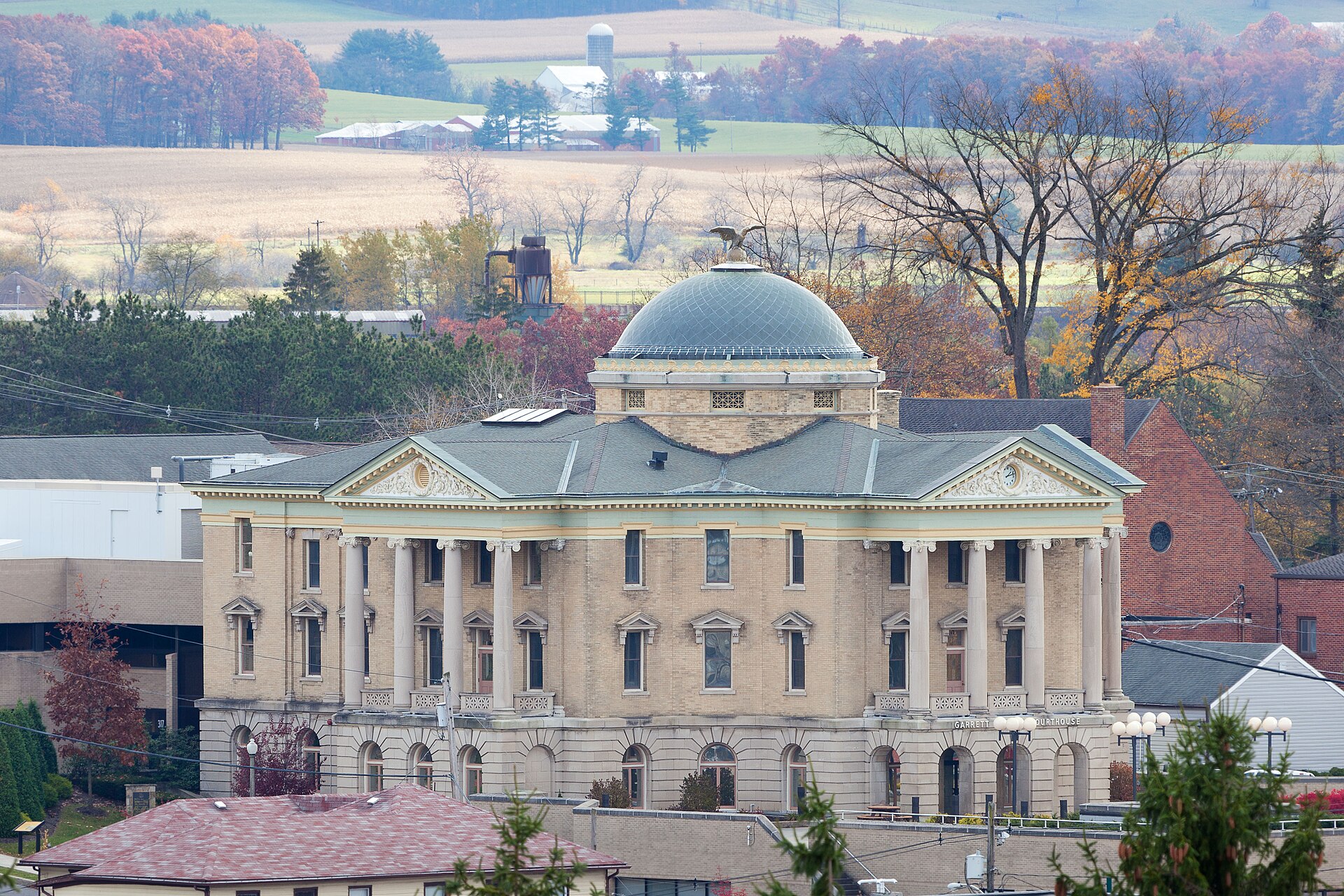 The Garrett County Courthouse in Oakland, Maryland, in stone with its clock tower